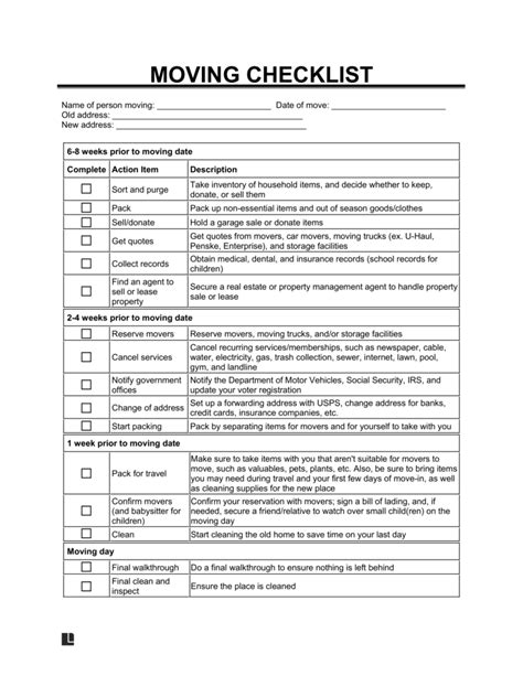 Free Moving Checklist Template | PDF & Word | Legal Templates