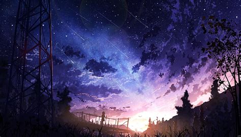 Anime landscape, falling stars, sunset, clouds, anime girl, scenic, Anime, HD wallpaper | Peakpx