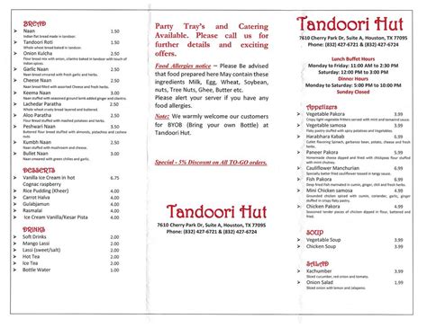 Menu at Tandoori Hut Indian Restaurant, Houston, Cherry Park Dr Suite A