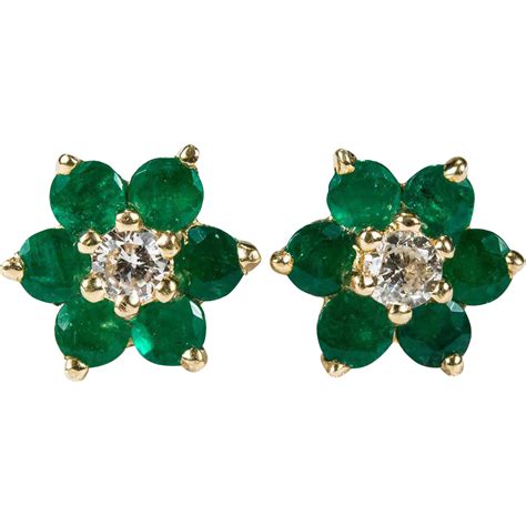 Natural Diamond Emerald Studs 14k Gold Pierced Stud Earrings from tanyastreasures on Ruby Lane