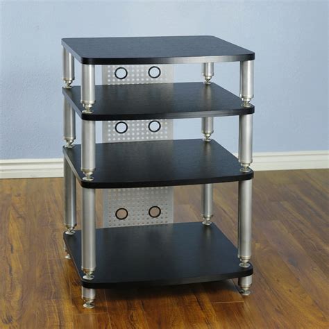 VTI 34664 - 4 Shelf Professional Audio Rack in Silver Poles and Black Shelves.