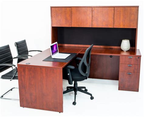 L Shaped Desk with File Pedestal and Hutch - Cherry – Online Office Furniture