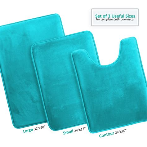 Clara Clark Non-Slip Memory Foam Bath Rug - 3 Pack Set - Small, Large, Contour rug Teal ...