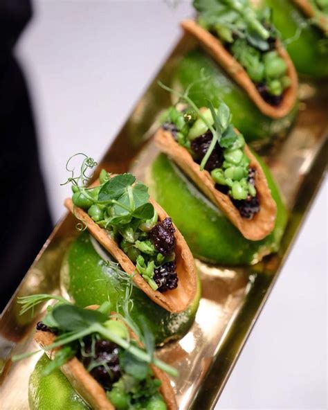 delicious vegan canapé from our summer menu - sprouting vegetable taco with pea shoots, broad ...