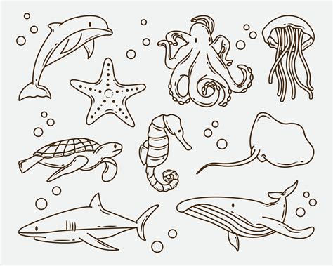 Set of hand drawn sea animal cartoon doodle bundle coloring 5303457 Vector Art at Vecteezy