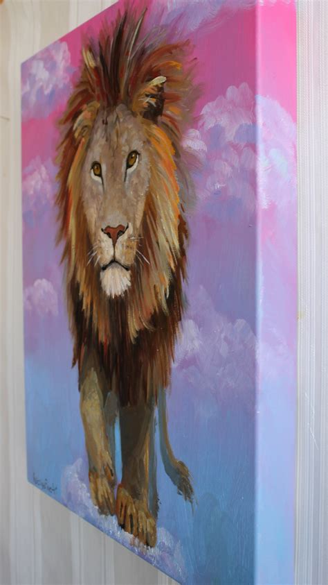 Lion Original oil painting Pink blue sky clouds African animal | Etsy