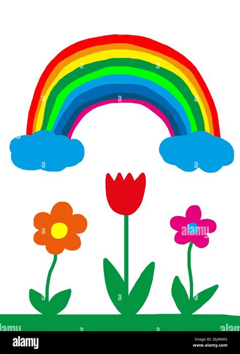 Naive illustration, children drawing, rainbow over colorful flower ...