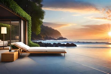 Premium Photo | A beach house with a view of the ocean and a sunset.