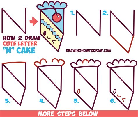 How to Draw a Cute Kawaii Piece of Cake with a Face on it from the Letter ‘N’ Easy Step by Step ...