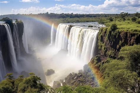 Premium AI Image | A rainbow appears over the falls of the iguazu falls.