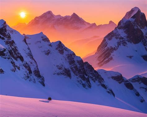 Premium Photo | Sunset in the snowy mountains