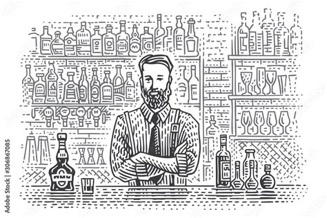 Bartender at bar counter with different bottles of drink on background line drawing. Vector. 2 ...