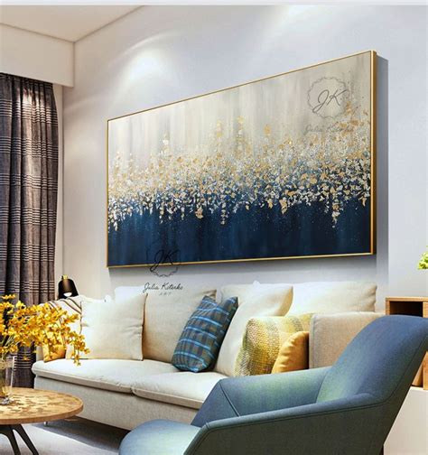 Large Abstract Oil Painting Gold Leaf Silver Leaf, Blue Painting ...