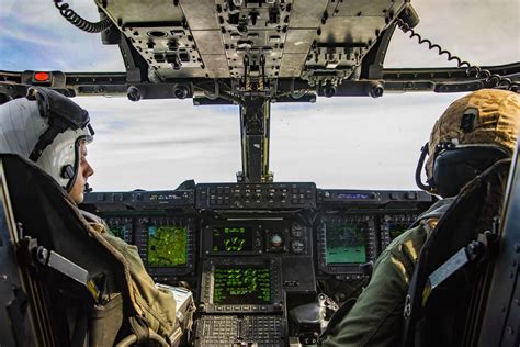 Cockpit of a MV-22B Osprey from U.S. Marine Medium Tiltrotor Squadron VMM-263 somewhere over the ...