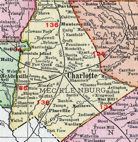 Mecklenburg County, North Carolina, 1911, Map, Rand McNally, Charlotte, Derita, Matthews