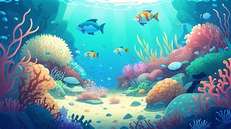 Fish Underwater World Cartoon Illustration Background, Fish, Underwater World, Seabed Background ...