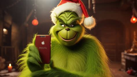 An animated character, resembling the Grinch, is holding a smartphone with a mischievous smile