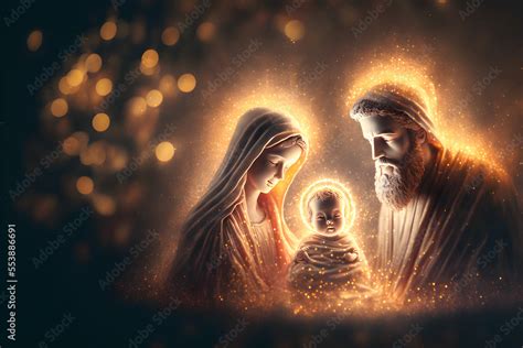 The Birth of Jesus Christ, Religious Scene of the Holy Family, with baby Jesus, Mary and Joseph ...