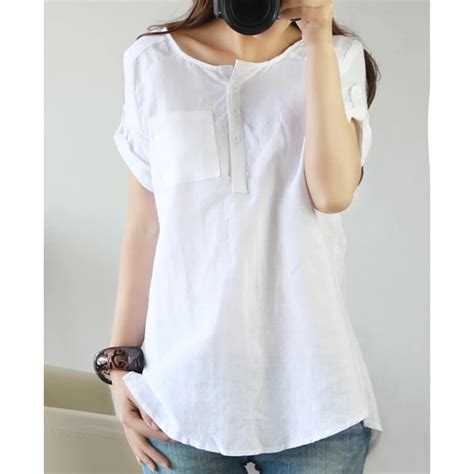 white shirt 2017 summer Short sleeve top women Linen Cotton ladies shirts Button blouse womens ...