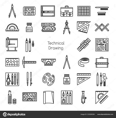 Icon: technical drawing tool | Technical Drawing Tools Line Icons Set Drafting Kit Ruler Drawing ...