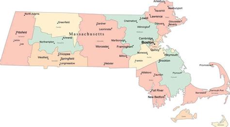 Multi Color Massachusetts Map with Counties, Capitals, and Major Citie