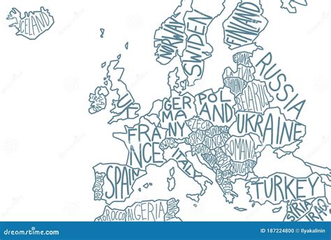 Drawn Map of Europe with Country Names. European Union. Vector Line ...