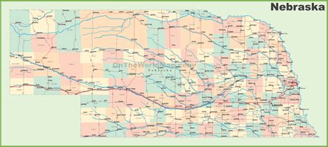 Road map of Nebraska with cities