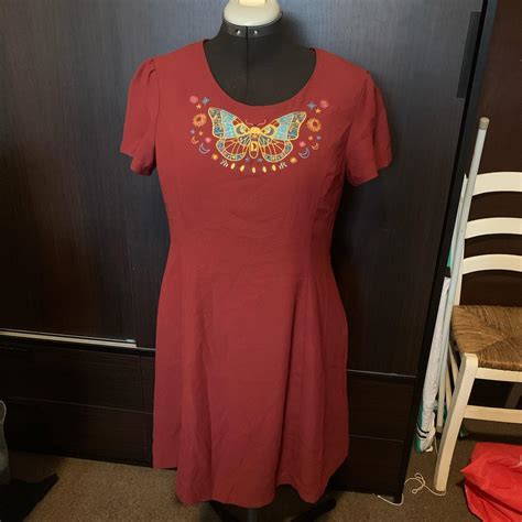 embroidered red dress, deep burgundy red with the... - Depop