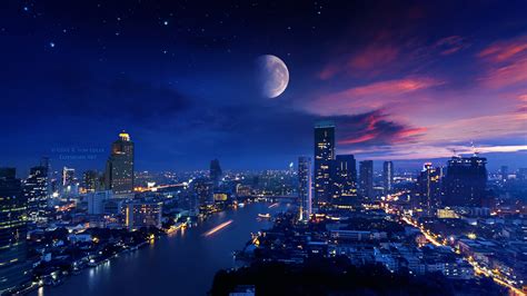 City Lights Moon Vibrant 4k Wallpaper,HD Photography Wallpapers,4k Wallpapers,Images,Backgrounds ...