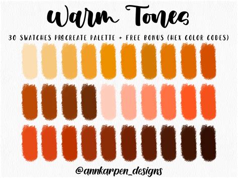 Warm Tones Procreate Palette, 30 HEX Color Codes, Instant Digital ...