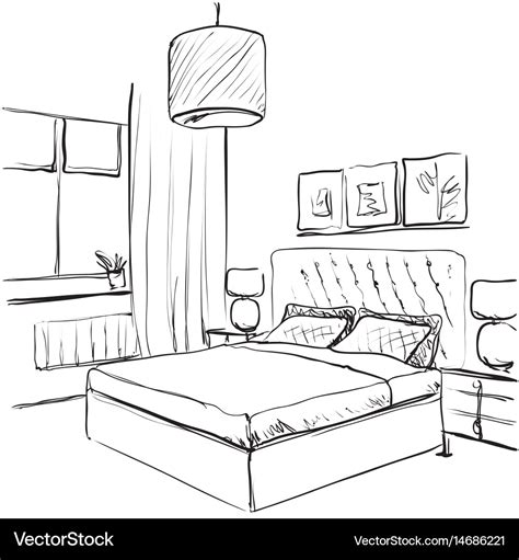 Bedroom interior sketch hand drawn furniture Vector Image