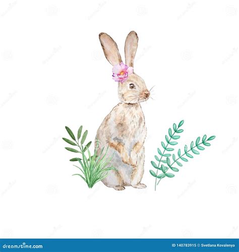 Watercolor Brown Bunny with a Flower Stock Illustration - Illustration of holiday, fluffy: 140783915