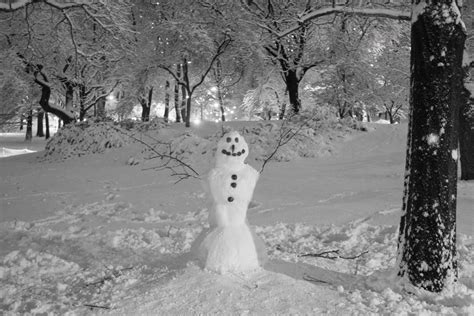 Ice and snow in NYC parks A happy looking snowman smiles in Central Park, New York City on ...