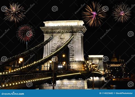 Szechenyi Chain Bridge with Fireworks, Budapest. Stock Photo - Image of ...