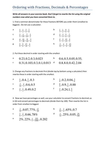 Compare And Order Fractions Decimals And Percents Worksheets