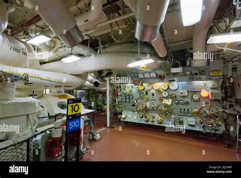 Engine room controls at USS Midway aircraft carrier museum ship, San Diego, California, USA ...