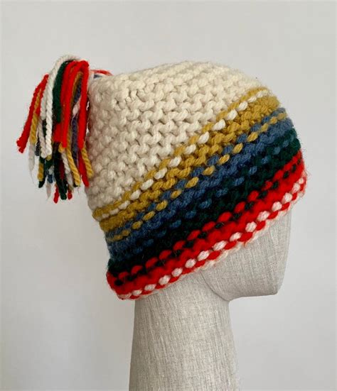 Italian Wool Ski Hat Made in Italy for Lazarus Vintage Natural White Red Blue Mustard Knit ...