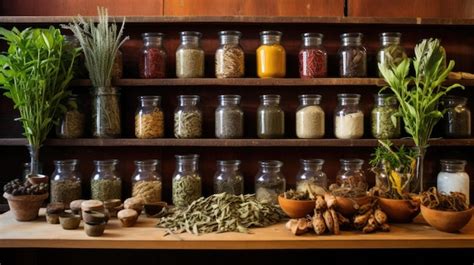 Premium AI Image | A variety of dried herbs and spices on wooden shelves in jars