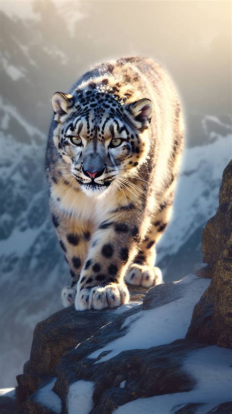 A 4K ultra HD mobile wallpaper depicting a captivating and elusive Snow Leopard, perched on a ...