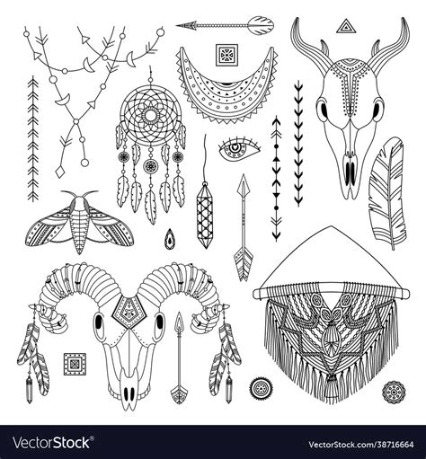 Set boho line art dreamcathers animal skull Vector Image