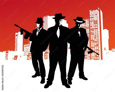 Mafia boss with machine gun stands in front of skyline of a city with ...