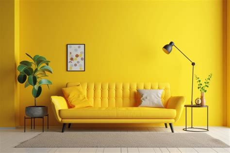 Premium AI Image | a yellow living room with a yellow couch and a lamp.