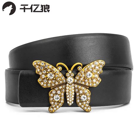 Womens Leather Belts Luxury Butterfly Smooth Buckle Belt For Girl bee Belt Fashion Diamond Real ...