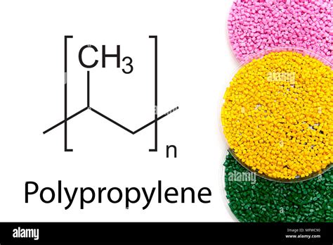 Granules of POLYPROPYLENE, chemical formula. Plastic pellets and scheme of the chemical ...