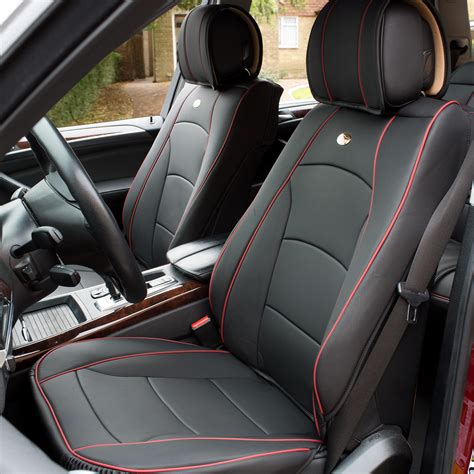 Car SUV Truck PU Leather Seat Cushion Covers Front Bucket Black With Red Trim | eBay