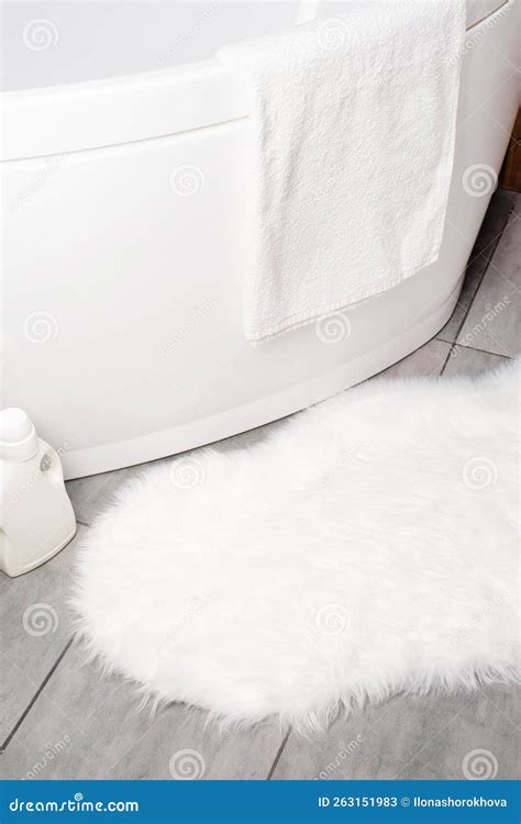 Fluffy White Rug in Ordinary Bathroom, Mockup Design Stock Image ...