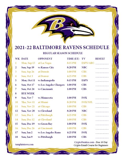 Printable 2021-2022 Baltimore Ravens Schedule