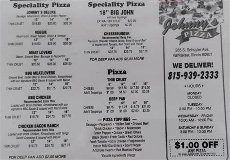 Menu at Johnny's Pizza pizzeria, Kankakee