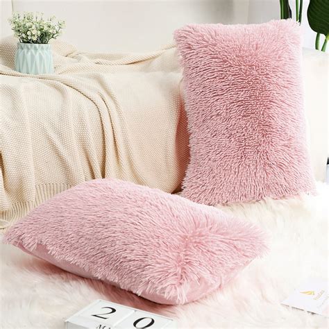 Piccocasa 2Pcs 12''x20'' Soft Fuzzy Faux Fur Throw Pillow Covers Decors Long Shaggy Cushion ...