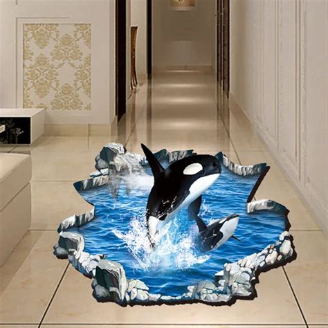 3D Wall Art Blue Ocean Dolphin Vinyl Wall Sticker Animal Brick Floor ...